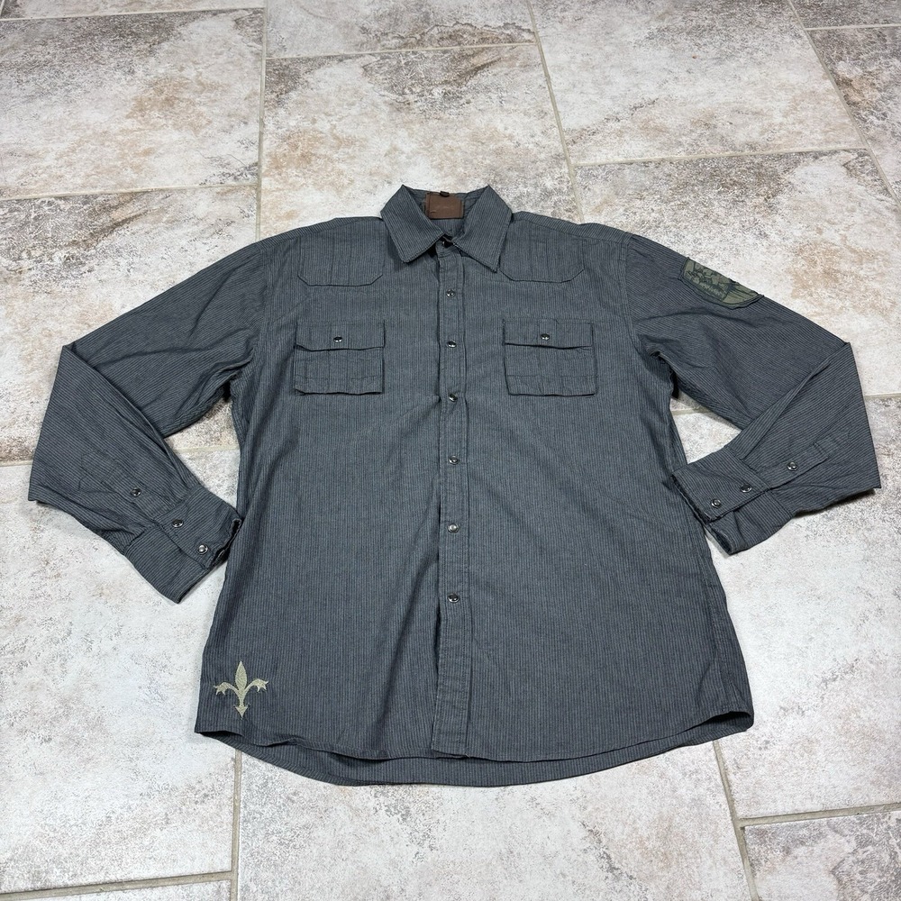 Roar Shirt Mens Medium Gray Pearl Snap Button Up Long Sleeve Patch Logo